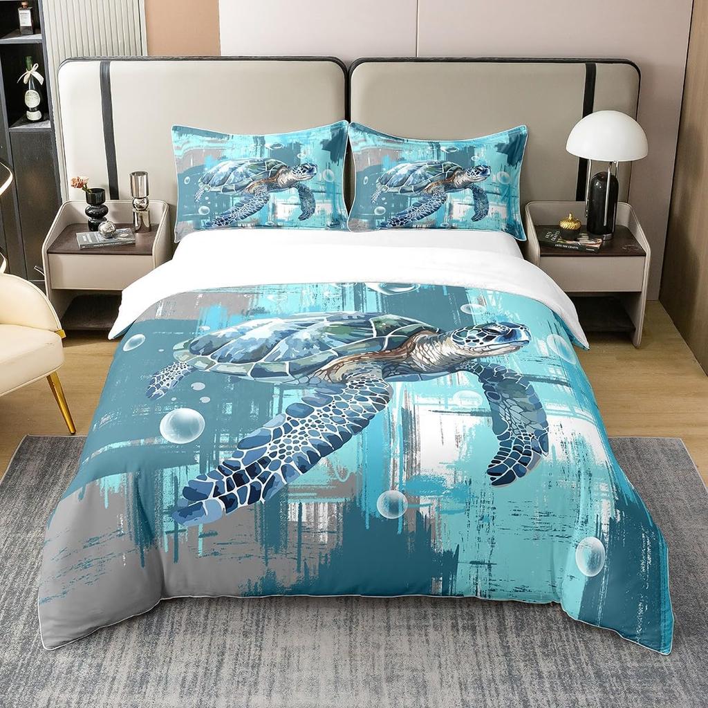 Kids Sea Turtle Duvet Cover Set Queen King Size Ocean Bedding Set Boys Girls Teens Women Men Bedroom Decor 3 Piece Set
