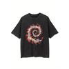 European Size Men'S Vintage Washed Black T-Shirt | Skull and Flame Spiral Graphic, Heavyweight, Loose Fit Casual Tee for Halloween, Thanksgiving