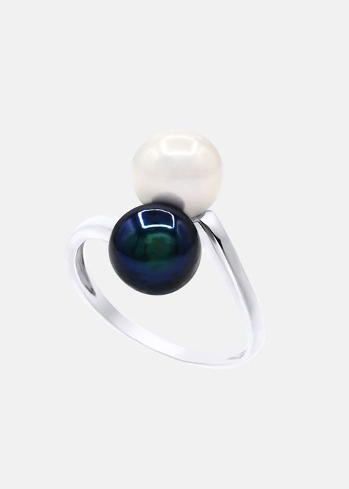 Bague - PERLINEA - Véritables Perles d'Eau Douce 7-8 mm - Or Blanc - Blanc Naturel & Noir Tahiti