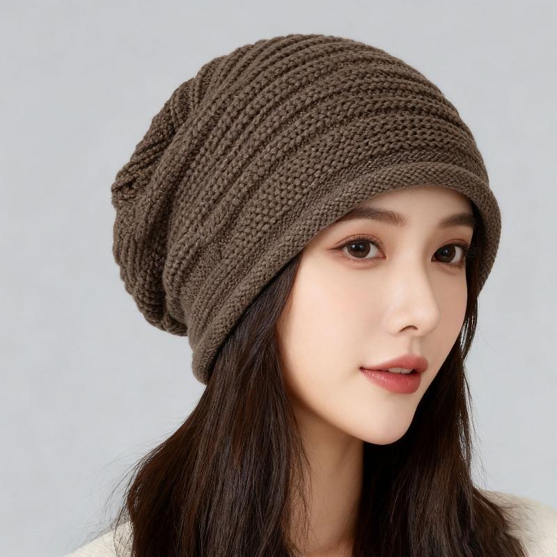 Hat women's spring and autumn new solid color striped knitted hat fashionable big head circumference pullover wool bag head confinement stack hat