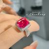 Luxury Open Ring with Simulated Ruby Vintage Cushion Cut Red Corundum High Carbon Diamond Ring for Women