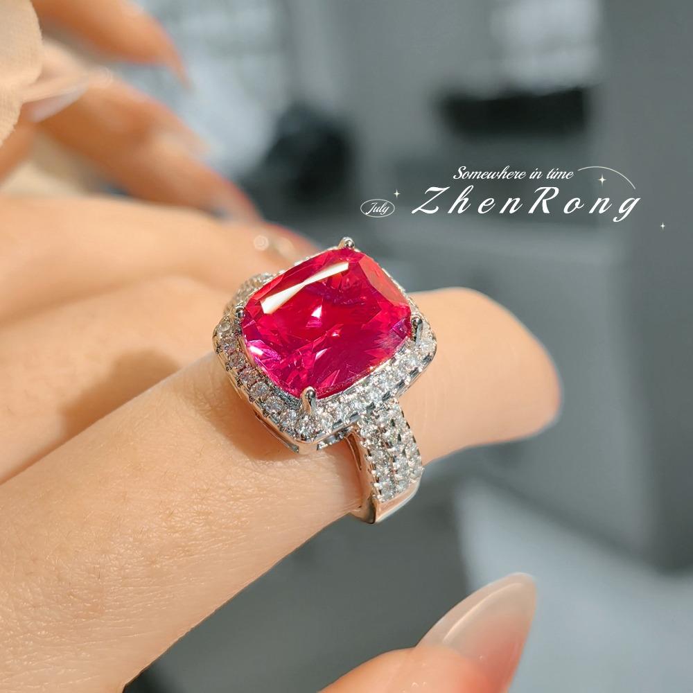 Luxury Open Ring with Simulated Ruby Vintage Cushion Cut Red Corundum High Carbon Diamond Ring for Women