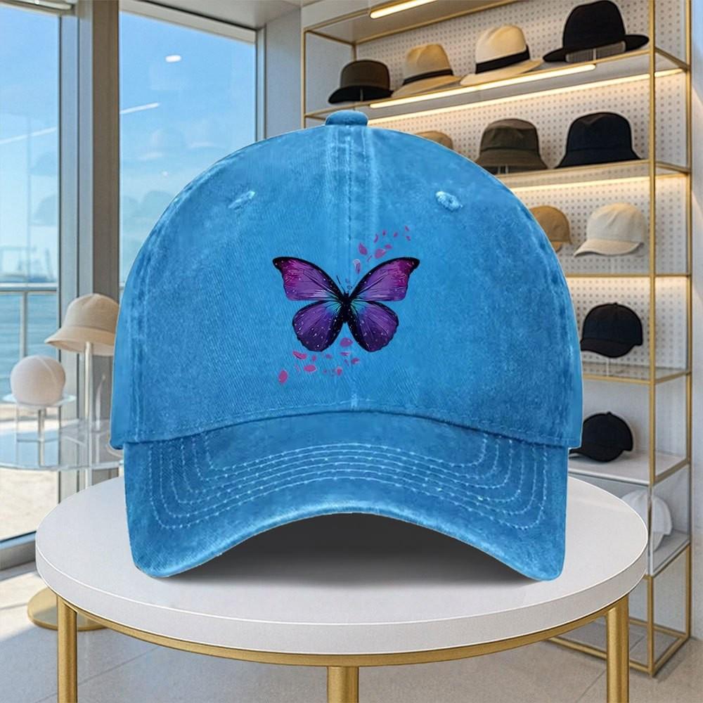Butterfly Print Washed Baseball Cap Unisex Vintage Adjustable Denim Hat Casual Sports Snapback