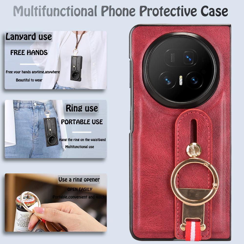 For Honor Magic V5 5G Case Wristband Kickstand Leather + PC + TPU Phone Cover with Bottle Opener