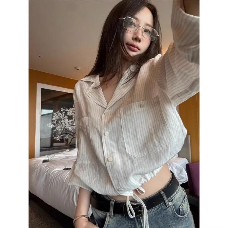 Women s Summer White Stripe Drawstring Cropped Button Down Shirt S бежевый