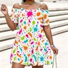 Women Plus Size Cold Shoulder Chain Strap Short Sleeve White Purple Printed Loose Dress