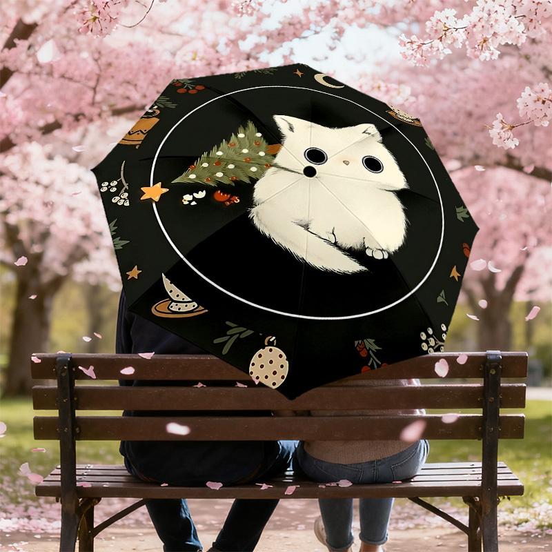 1PC cat, Christmas Automatic Open/Close Umbrella with Windproof, 8-Rib Sturdy Canopy, Durable Ribs, Fashionable Design, Outdoor Accessory, Fun Prin, H