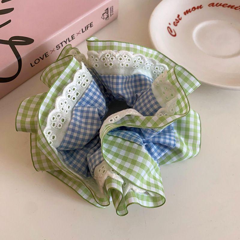 1pc Fresh blue-green~Double layered lace plaid large intestine headband, high-end hair accessory, headband