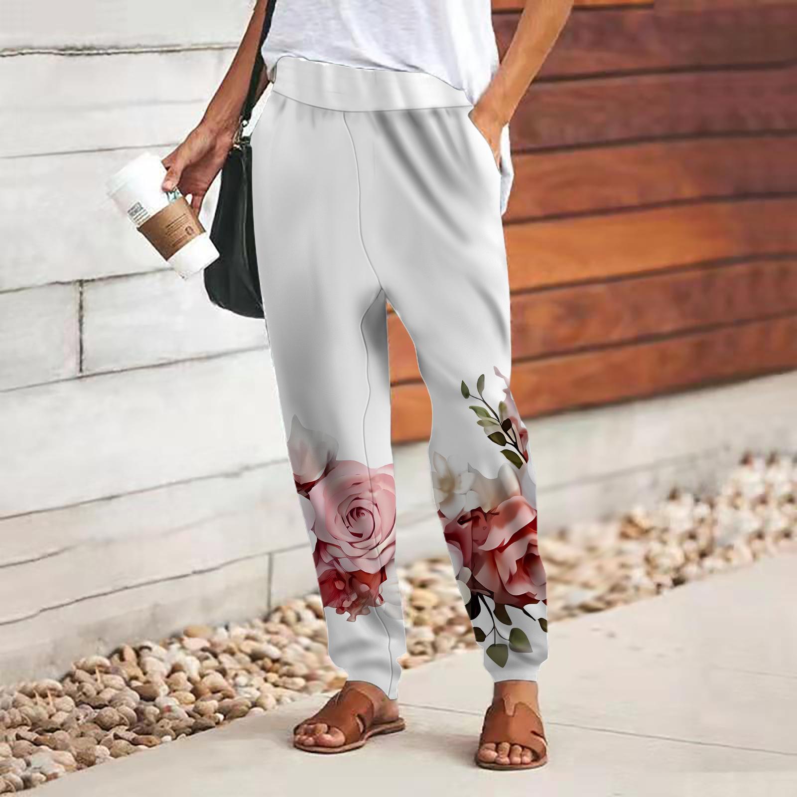 

Женские брюки с 3D разноцветным цветочным принтом, свободные брюки со шнуровкой и эластичным поясом, повседневные длинные брюки с карманами 8XL белый
