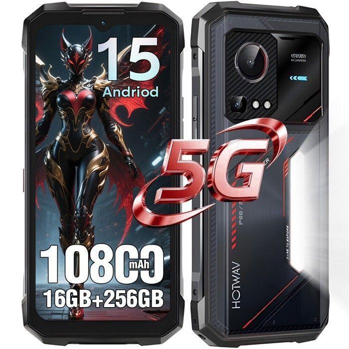 Telephone Portable Incassable 5G HOTWAV Hyper 7S 16Go+256Go Écran 6.6" 10800mAh Smartphone Robuste Android 15 Dual SIM/NFC Noir