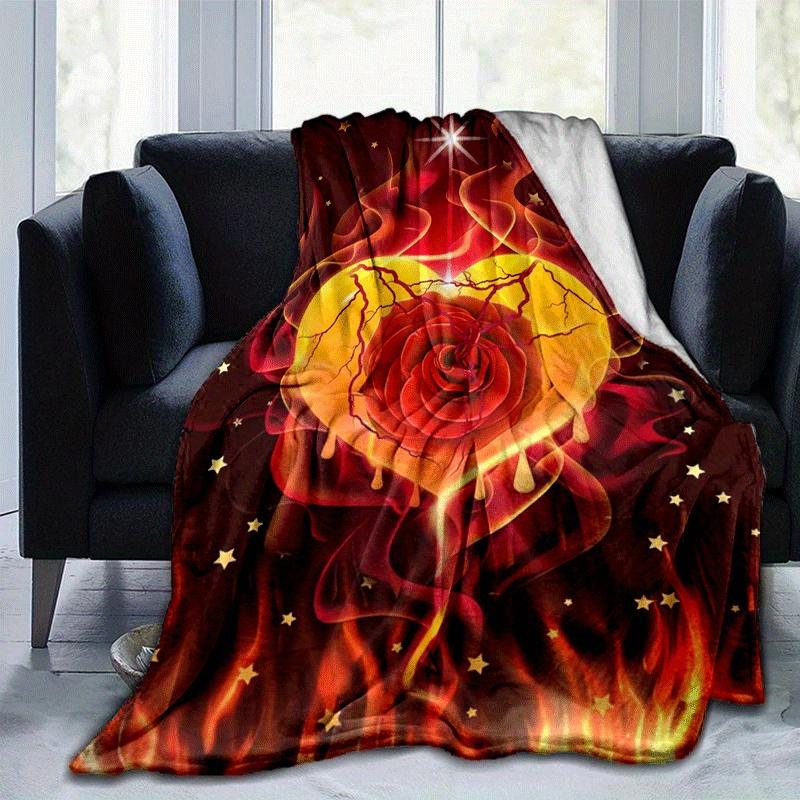 

1pc Rose Flame Printing Lightweight Flannel Blanket, Comfortable and Warm Blanket, for Camping Sofa Bed and Couch Office, Gift 100x150cm