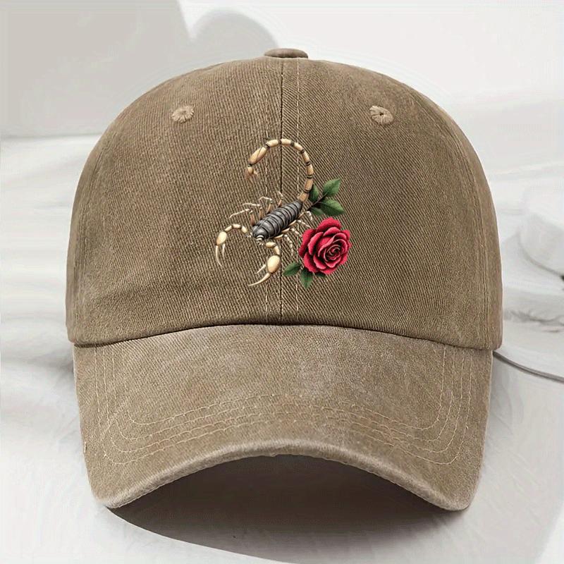 Scorpion and Rose Graphic Washed Baseball Cap Unisex Vintage Polyester Casual Streetwear Adjustable Sports Hat