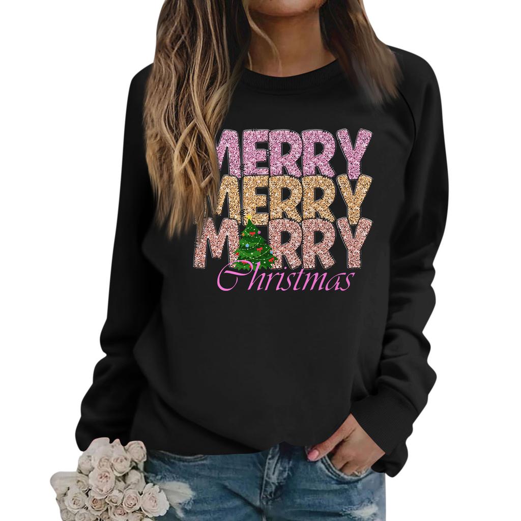 Damen T-Shirt Tops Locker, Modisch Und Lässig Weihnachts-Print Rundhals Langarm Sweatshirt