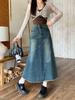 2026 Spring Plus Size A-line Denim Skirt with Retro Frayed Hem, High Waist, Mid-Length, Loose Fit.