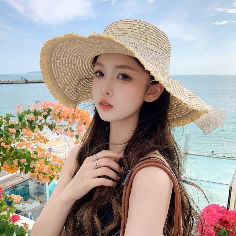 Women Summer Beach Straw Hat Korean Seaside Brim Sunblock Sunshade Holiday  Big Cool Bow Hat