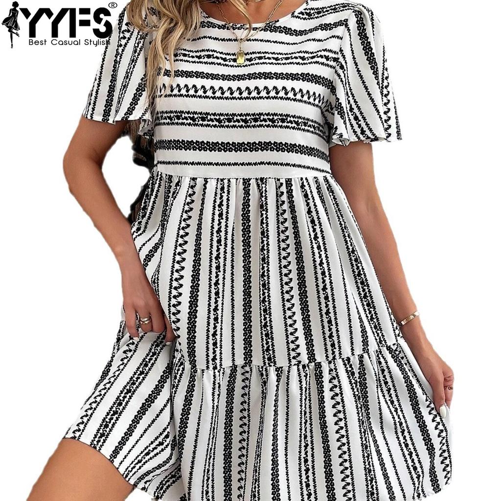 YYFS Women's Fashion Summer Spring Stripe Print Short Sleeve O-Neck Middle Waistline Casual Dresses