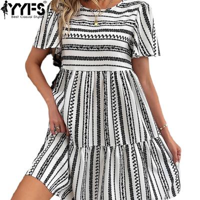 Women's Fashion Summer Spring Stripe Print Short Sleeve O-Neck Middle Waistline Casual Dresses