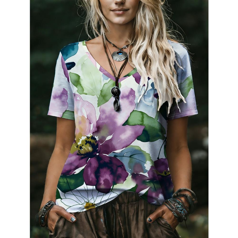 Fashionable Comfortable Oversized Breathable Women's V-neck T-shirt Colorful Creative 3D Pattern Summer Short Sleeved T-shirt