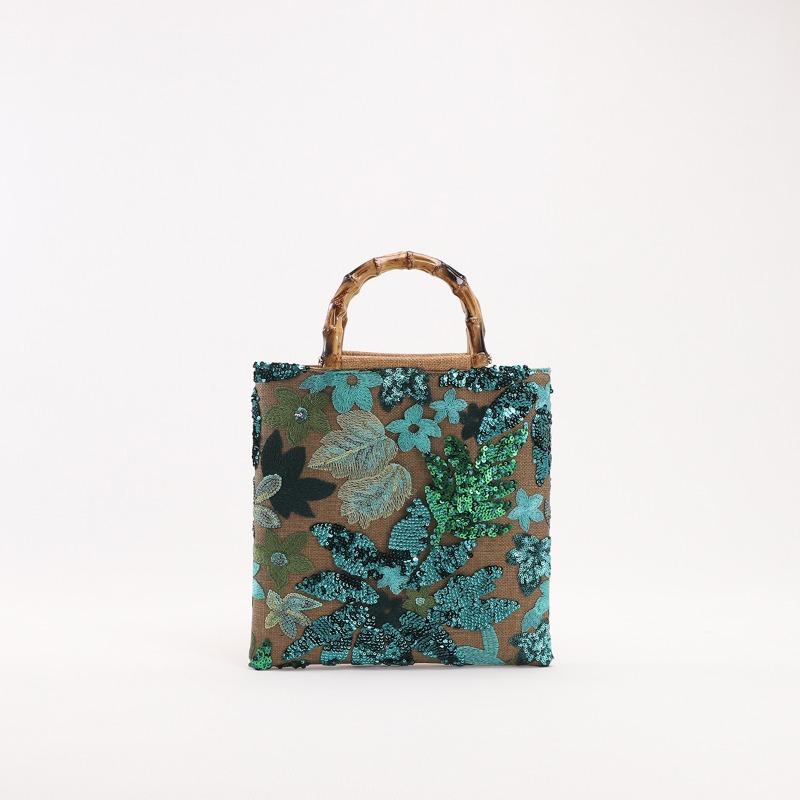 Bamboo Tote Bag Premium Color Sequins Retro Women's Hand Carry Heavy Industry Embroidery Tide Dinner Bag