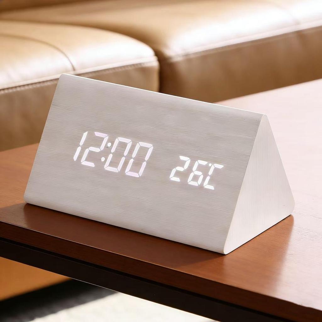 Voice-Activated Wooden Office Silent Multifunctional Digital Clock with Temperature Display and Student Alarm