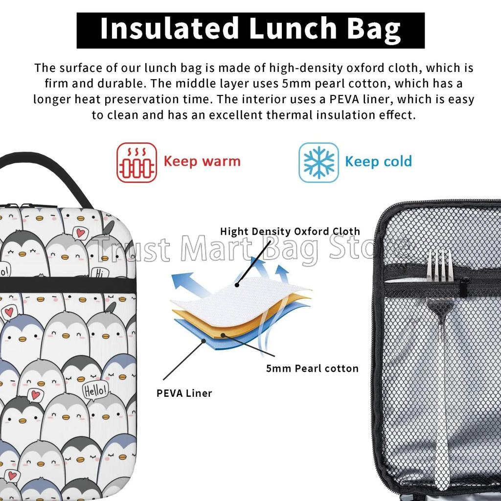Roztomilý tučňák Pozdrav Izolovaný obědový box Opakovaně použitelná přenosná taška na oběd Termo chladicí taška Bento Tote pro chlapce dívky ženy do školy práce