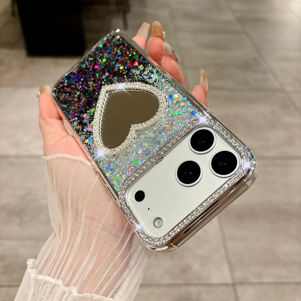 Glitter Epoxy Heart Mirror Rhinestone Case for iPhone 15/16/17 Pro Max