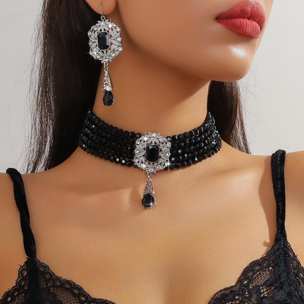 European and American Luxury Multi-layer Crystal Water Drop Pendant Bundle Neck Chain Jewelry Earrings Exaggerated Color Crystal Necklace Women