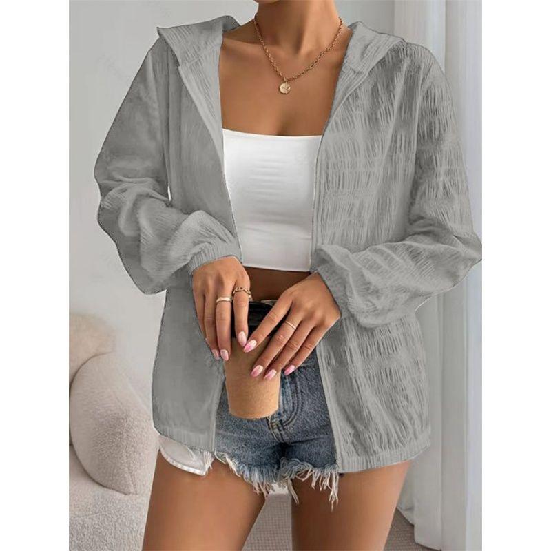

Women Coat Casual Ladies Tops Casual Zip-up Long sleeve Sun Protection Hood Top Outerwear Women Grey M