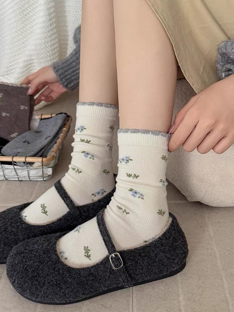 Small Floral Dongdaemun Boneless Anti-Pilling Mid-Tube Women'S Socks Cute Korean Small Fresh Stacking Socks