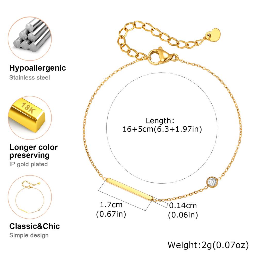 Dainty Rectangular Zircon Bracelet for Women Girls,Gold Plated Stainless Steel Chain Bracelets,Fashion Waterproof Jewelry Gift