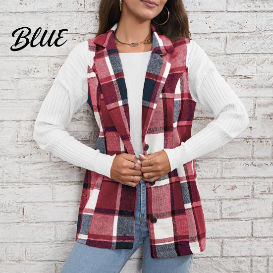 Single-breasted Coat Fall Spring Women Vest Plaid Printing Turn-down Collar Sleeveless Button Dark Tone Down Warm Mid Length Retro Waistcoat