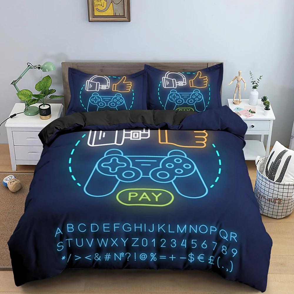 Gaming Gamer Duvet Cover Set Gamepad Bedding Set,Video Game Comforter Cover Neon Gamepad Geometry Brick Wall Design Quilt Cover