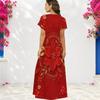 Women Plus Size V Neck Short Sleeve Printed Navy Blue Straight Maxi Dress