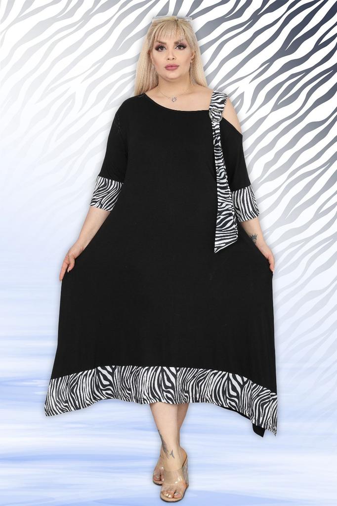 Damen Übergröße Kleid Plus Size Asymmetrischer Schnitt Viskose Lycra Kleid mit Zebramuster und Schulterdetail