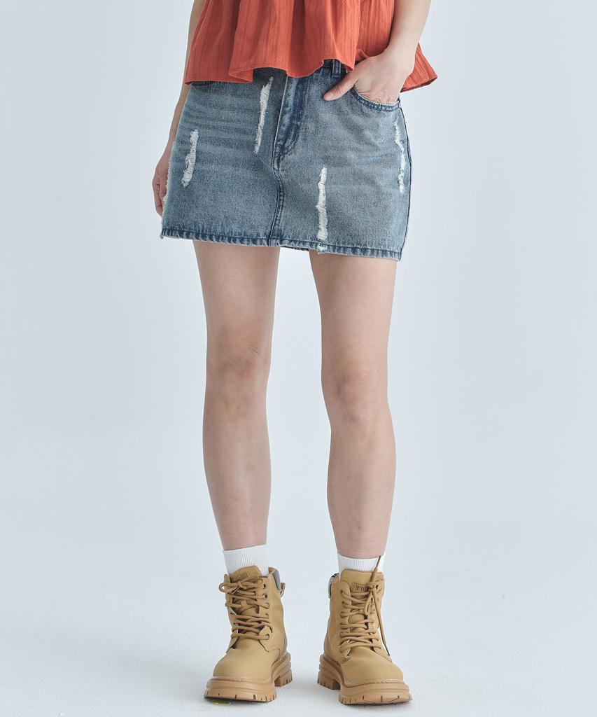Code Graphy (Women) Distressed Denim Mini Skirt - Washed Blue