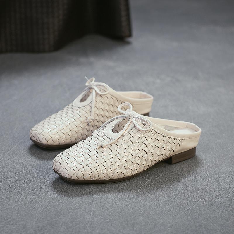 

Johnature Genuine Leather Retro Woven Outdoor Slippers Lightweight And Versatile Women s Slip-on Shoes 35 бежевый