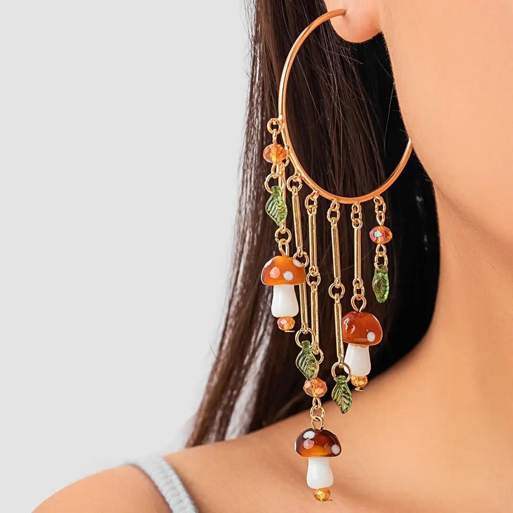 Boucles d'oreilles pendantes longues à pompon en cristal champignon coloré style bohème pour femmes, anneau d'oreille exagéré, tendance, cadeau, bijoux Y2K