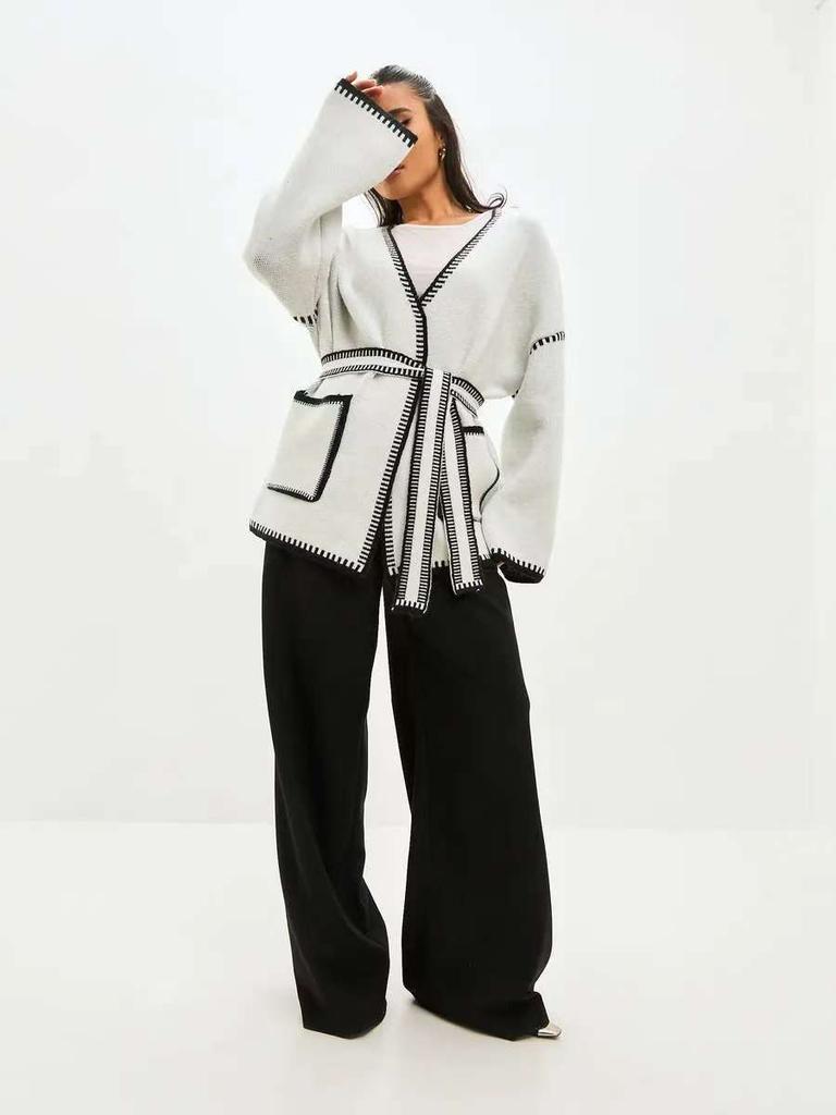 Knitted Open-Front Cardigan Sweater Spring New Style Loose Color Block Long Sleeve Wool Coat