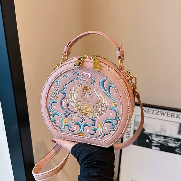 Vintage Embroidery Round Shoulder Bag, Zipper Handbag, Classic Trend Niche Satchel Bag