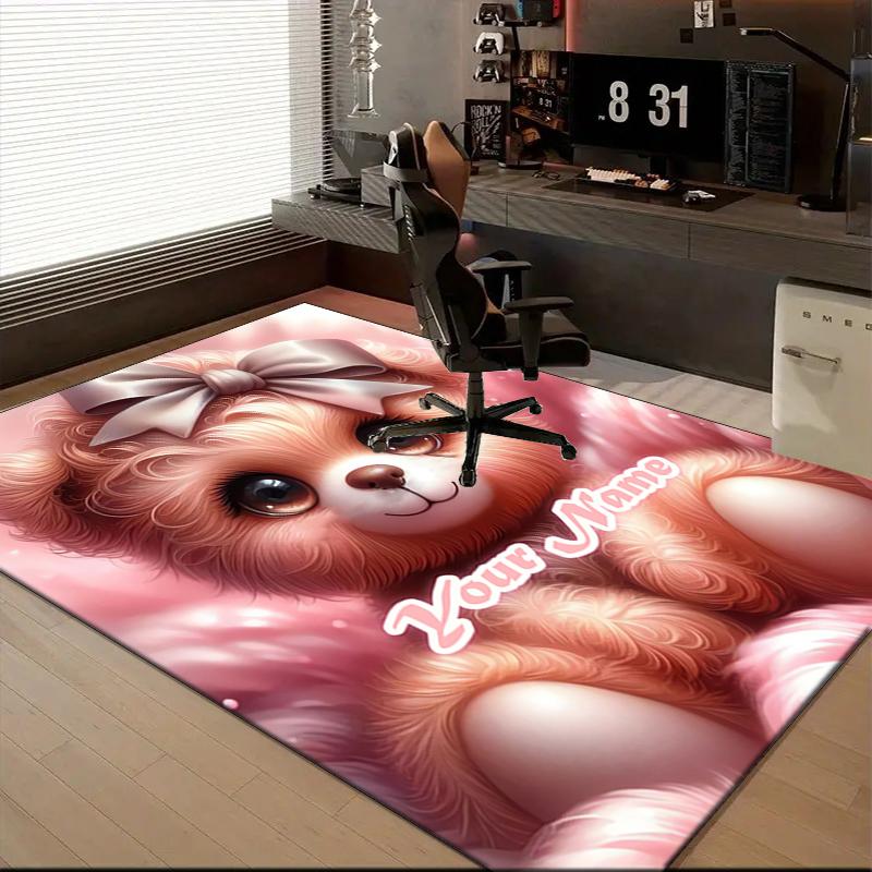 1PC Custom Name Pink Teddy Bear Bow Theme Floor Mat Ideal for Living Room, Game Rooms, Office, Bedroom,Floor Mat Playful Design