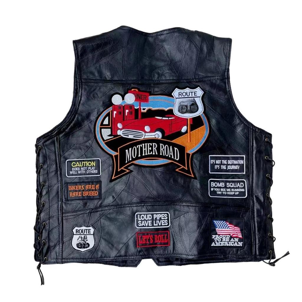Chaleco de montar para locomotora de tendencia europea y americana, chaleco de cuero, chaleco de cuero para hombre, insignia bordada, versión de malla de varios chalecos