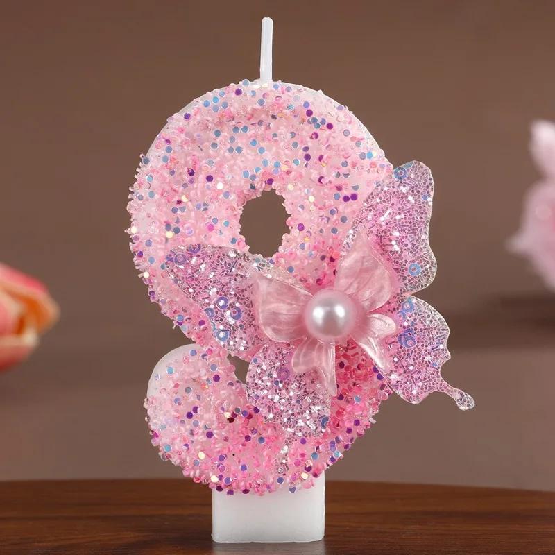1pc Digital Candle Solid Bead Gradient Butterfly Creative Anniversary Birthday Decoration Cake Candle S