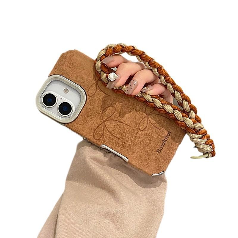 Drei Schleifen sind geeignet für Apple 16 Promax Handyhülle Iphone15 Schutzhülle 14 Braunes Ledermuster 13