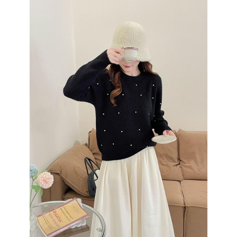 

Новый осенне-зимний вязаный свитер с рукавами «капля воды» и жемчугом, женский мягкий ворсистый эластичный свободный свитер с круглым вырезом, женский One Size