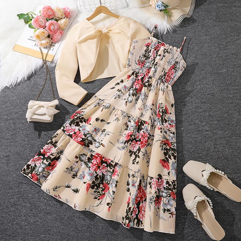 Frühlingshaftes Blumen-Camisole-Kleid & Langarm-Mantel-Set für Mädchen