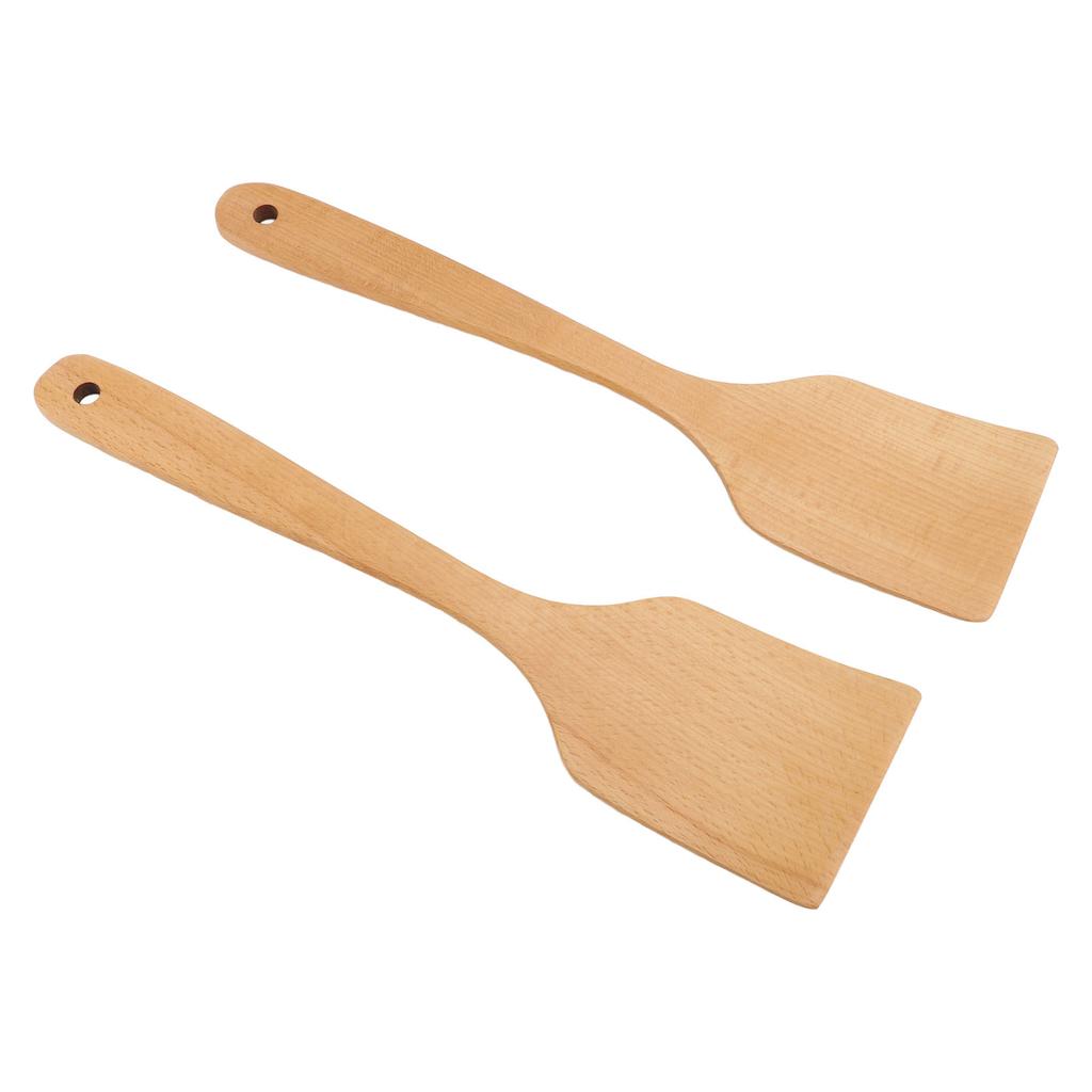 2 STÜCK Holzspatel Kochwender Buchenholz Langer Griff Breit Flach Bratspatel für Küche
