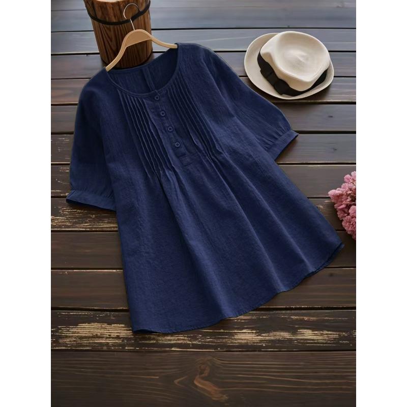 JPNTKY Women's Fashion Casual Solid Color Print Short Sleeve O-Neck Blouses & Shirts