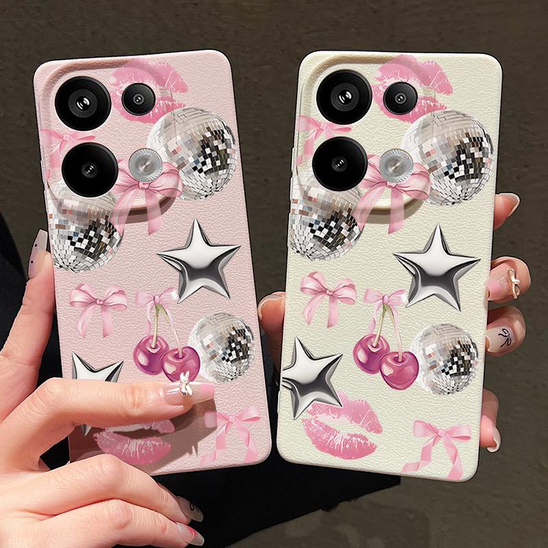Cherry Bowknots Lips Disco Ball Pattern Case Xiaomi 14T 13T 11T Pro Leather Texture Silicone Cover Funda For Redmi Note 14 13 Pro 4G 5G 12 11