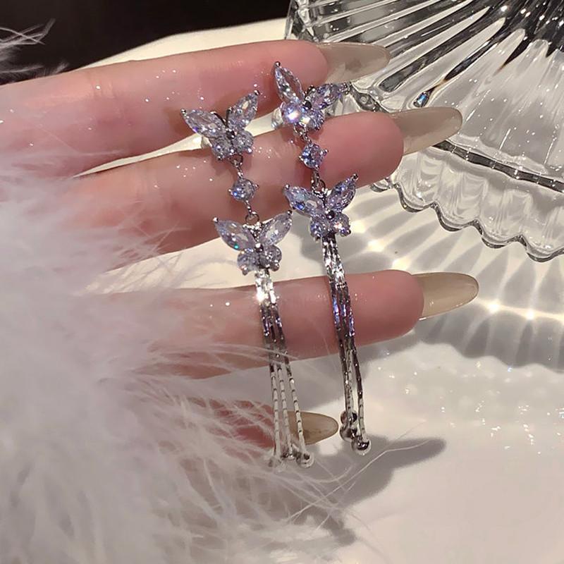 Exquisite Zircon Butterfly Long Tassel Stud Earrings For Women Personalized Fashion Daily Accessory Party  Birthday Gifts