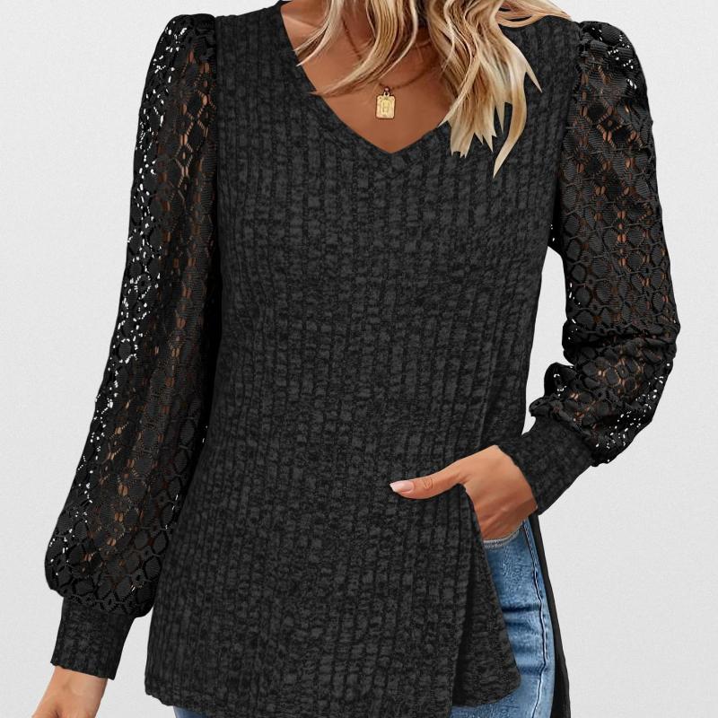 Women's Splicing Casual Versatile Solid Color V-Neck Lace Top Long Sleeve Bottom T Shirt